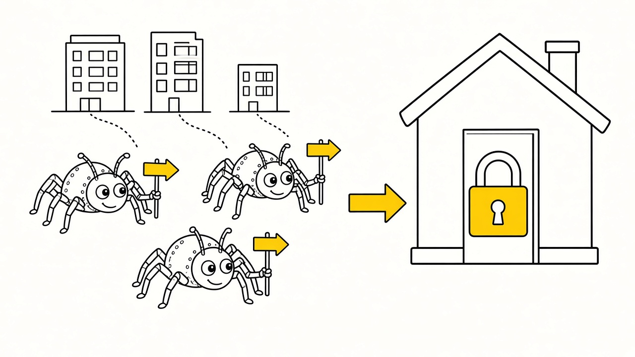Crawlers hear about the new site from citation and profile sites they already trust, while the site's own door stays closed
