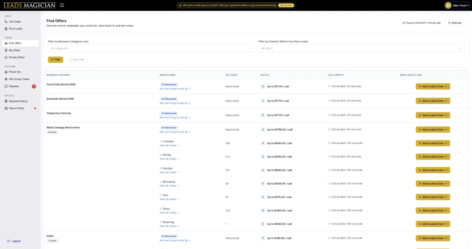 Leads Magician dashboard, Find Offers view: payouts by state and zip for water damage, HVAC, dumpster rental and more (member screenshot, Oct 2026)